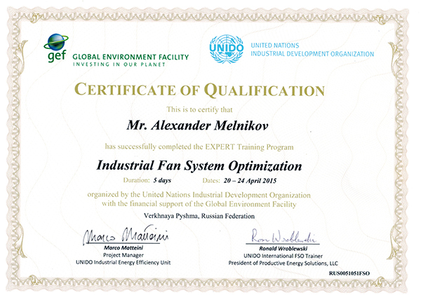 Certificate: industrial fan system optimization.